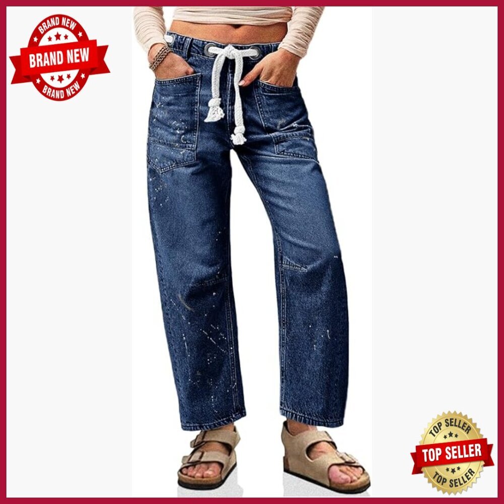 Vintage Barrel Leg Denim Pants High Waist Wide Leg Drawstring Comfortable